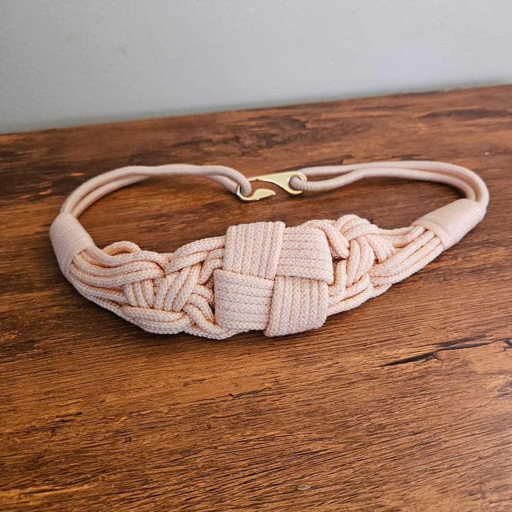 Vtg 80s Pink Peach Pastel Woven Nylon Rope Belt Macrame Knot Gold Clasp Belt S/M